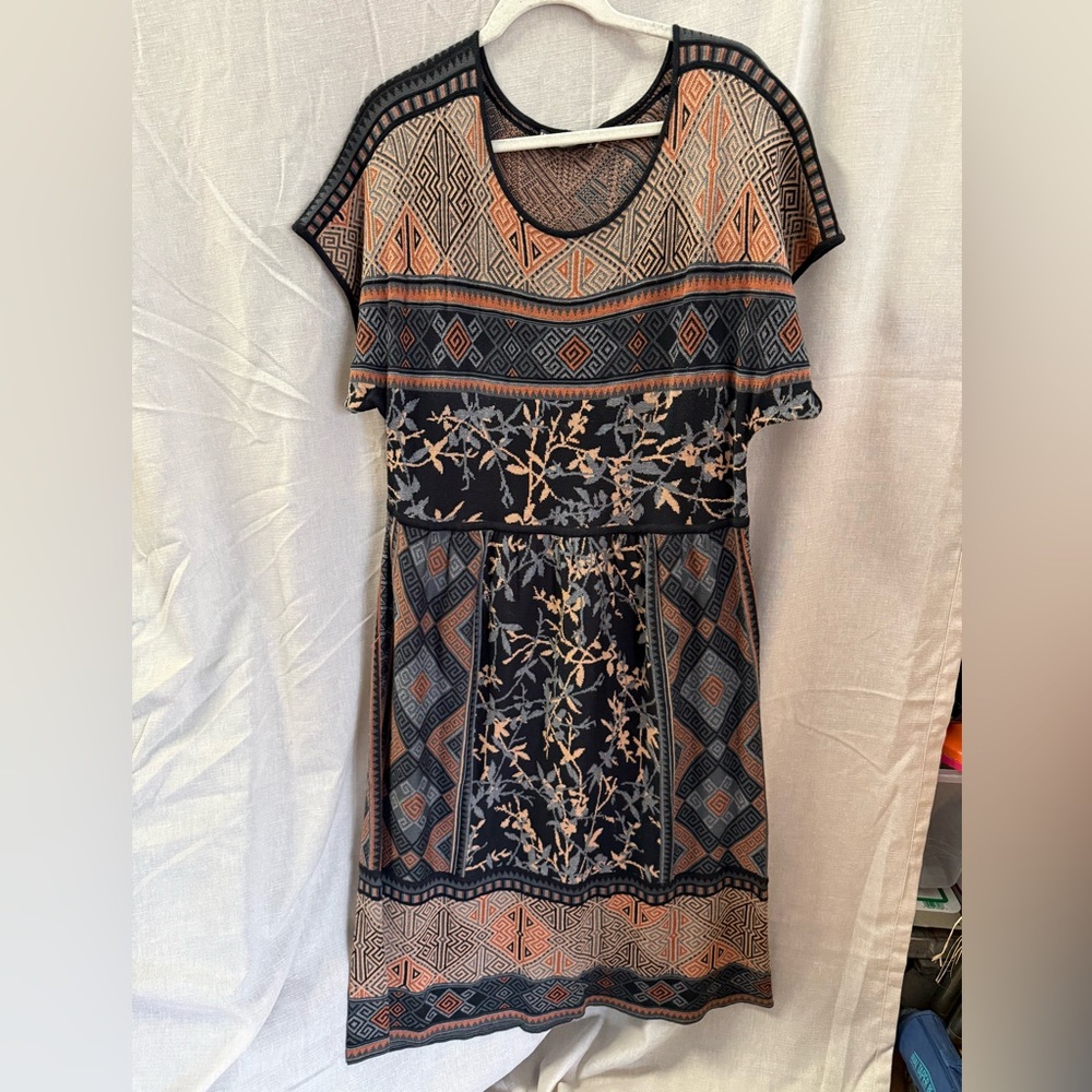 peruvian connection short sleeve dress xl multicolor pattern knee length pima